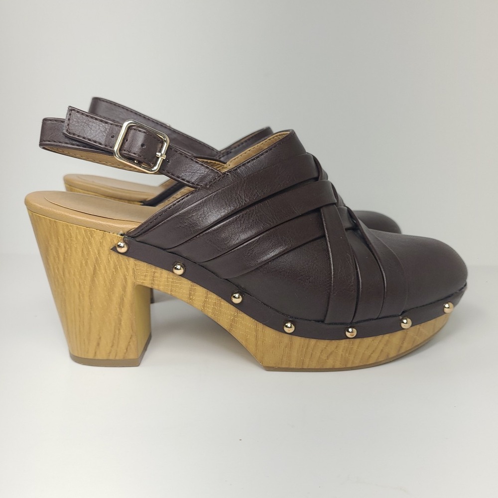 New Directions Gilda Heels 9.5M Brown Slingback Clogs Wood Block Heel Studded